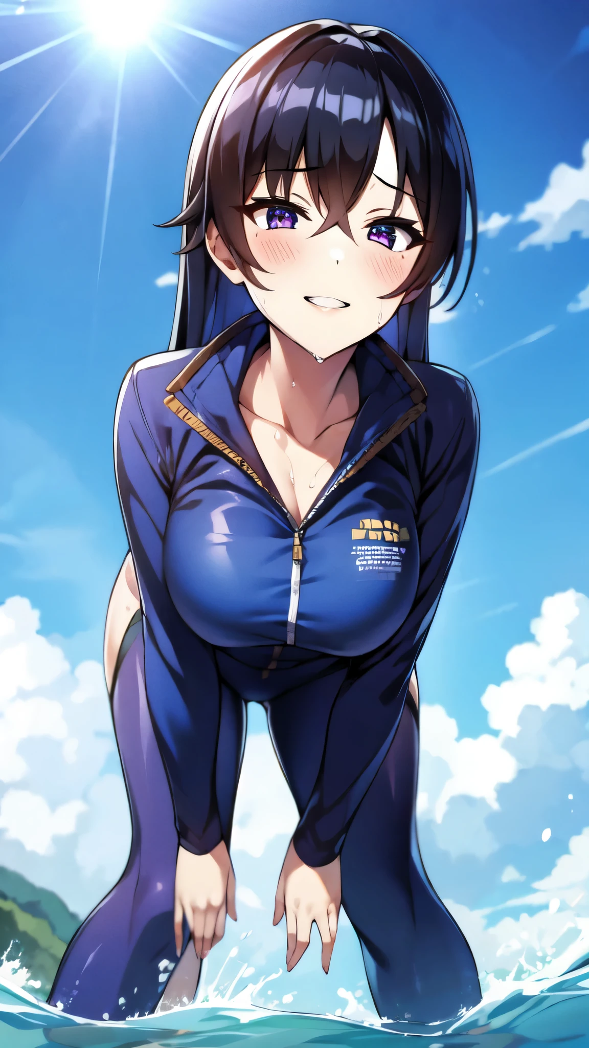 （（super high quality,））（（Ultra-high resolution,））（16K,）（super masterpiece,）（（Ultra HD ,））（Detailed shading,）（（Full Color,））Sea in clear skies,Looking up from below,One Girl,（（A shiny navy blue skin-tight sweatsuit,Open from neck to chest:1.8,popped Tight open collar:1.6,Long sleeve,））sexly,（Straight black long hair）,Bangs cross in front of the forehead,smile,blush,Sharp eyes,A lot of water splashing from below,Soaking wet,Sweaty,Open your legs a little,Leaning forward greatly,Put your hands on your hips,