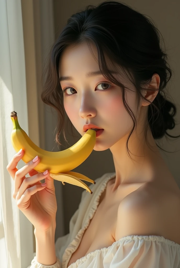 Beautiful woman eating a banana、Realistic、Japanese Model