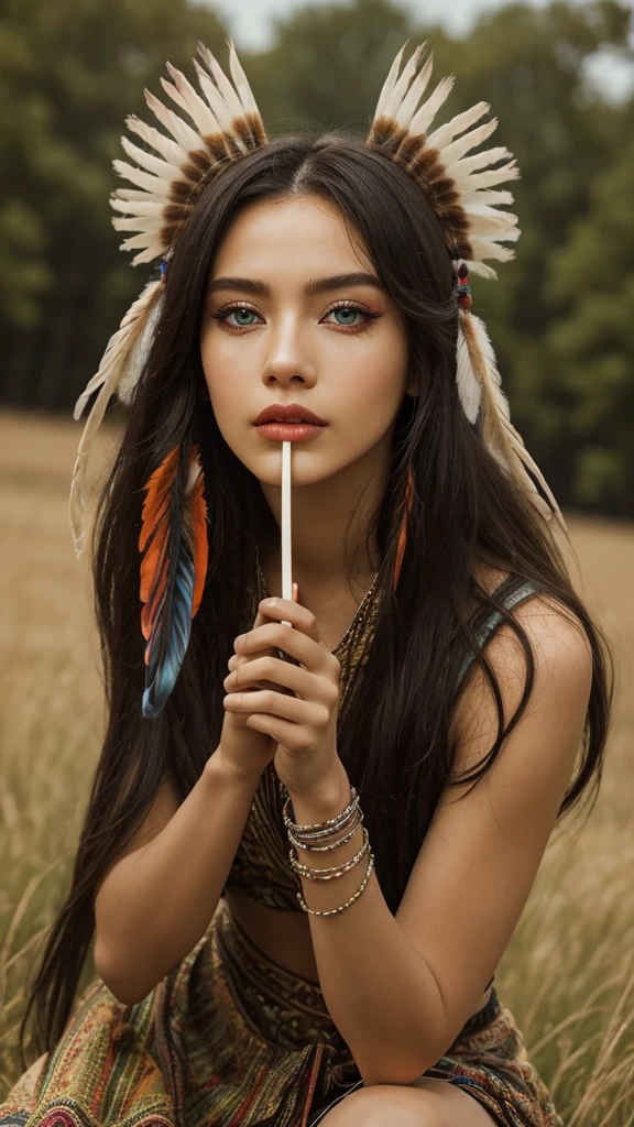 ((high detailed, best quality, 4k, masterpiece, hd:1.3)), ((best quality)), (((HD))), (((8k))), (ultraDH), (ultra HD), full-body photo, a native amarican woman, sitting in open grassland, wearing stereotypical feathered native american garb, smoking a peace pipe, gorgeous scenery, cinematography in style of peter jackson, (from afar:1.4), (beautiful face:1.6), (heavy colorful makeup), (perfect hands, perfect anatomy)