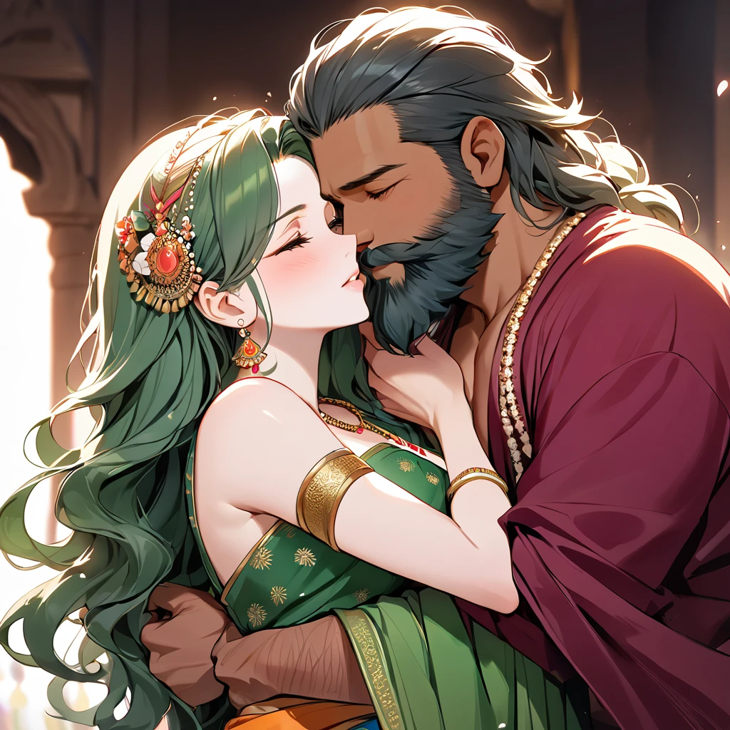 ((Highest quality)), ((masterpiece)), (detailed), （Perfect Face）The woman is Lydia, with symmetrical green, medium-long hair.、The woman is wearing the traditional Indian dress, a sari.、The woman is embracing and kissing a middle-aged Indian man with a beard in their wedding ceremony.