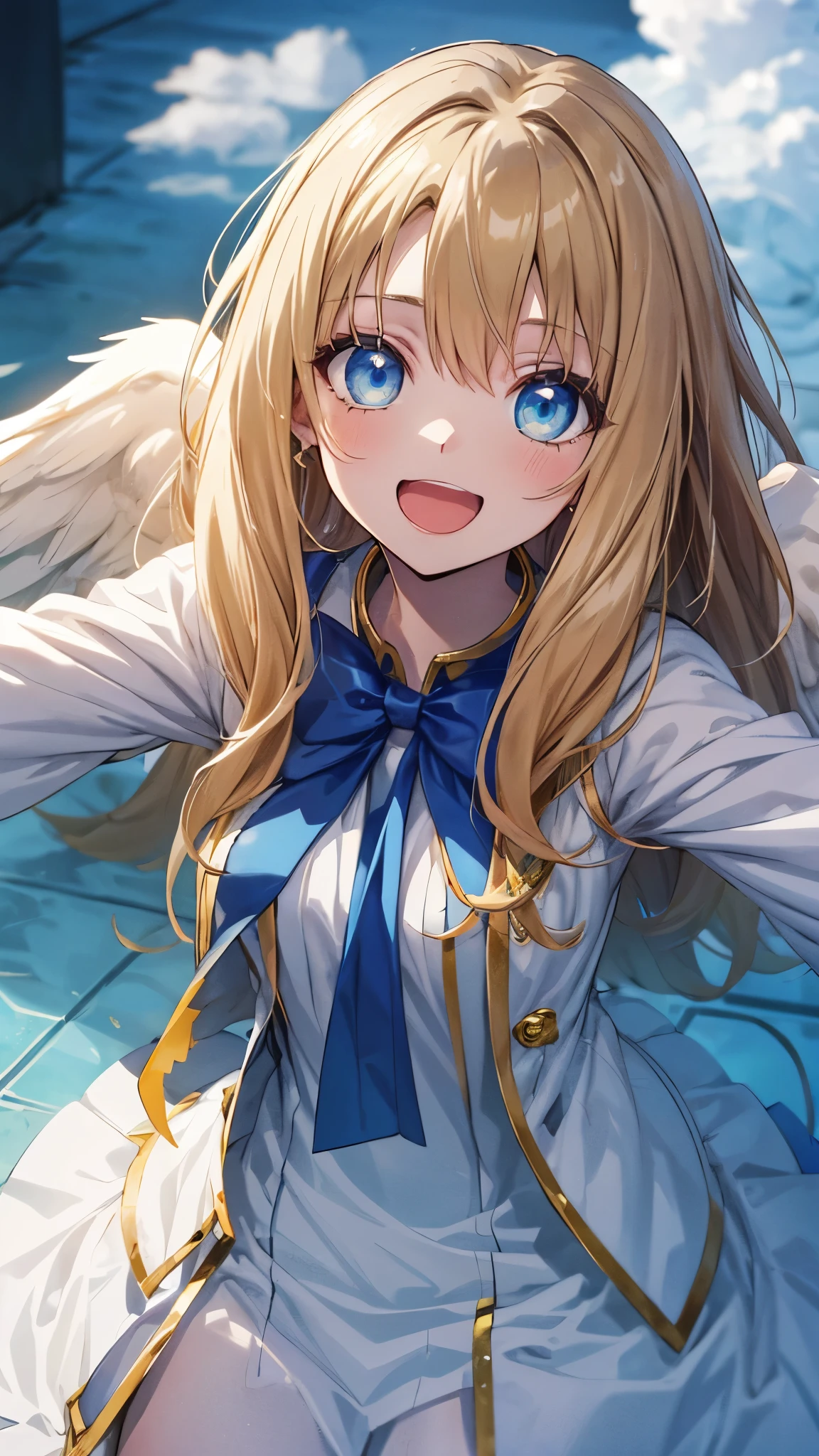 sky,cloud,filo,1girl,solo,(chibi:1.3),(white wings,white dress), blue bow,blonde hair,long hair, blue eyes, looking at viewer, parted bangs,smile,open mouth,outstretched arms,masterpiece,Noise Reduction,perfect anatomy,high resolution, ultra-detailed, ultra-detailed face,game cg,dutch angle ,beautiful detailed eyes,visualart,five fingers, perfect hands, perfect lighting, sparkling pupils,