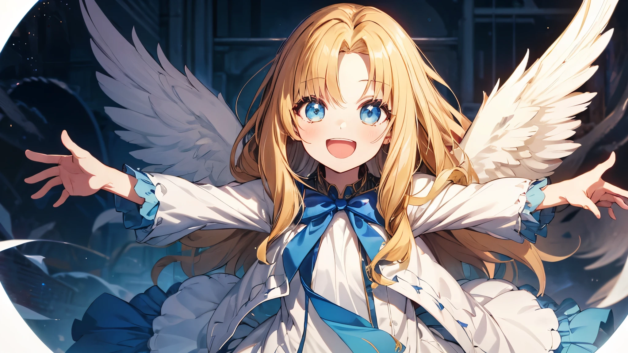 lens flare,sky,cloud,filo,1girl,solo,(chibi:1.3),(white wings,white dress), blue bow,blonde hair,long hair, blue eyes, looking at viewer, (parted bangs),smile,open mouth,(outstretched arms, outstretched hand),masterpiece,Noise Reduction,perfect anatomy,high resolution, ultra-detailed, ultra-detailed face,game cg,dutch angle ,beautiful detailed eyes,visualart,five fingers, perfect hands, perfect lighting, sparkling pupils,