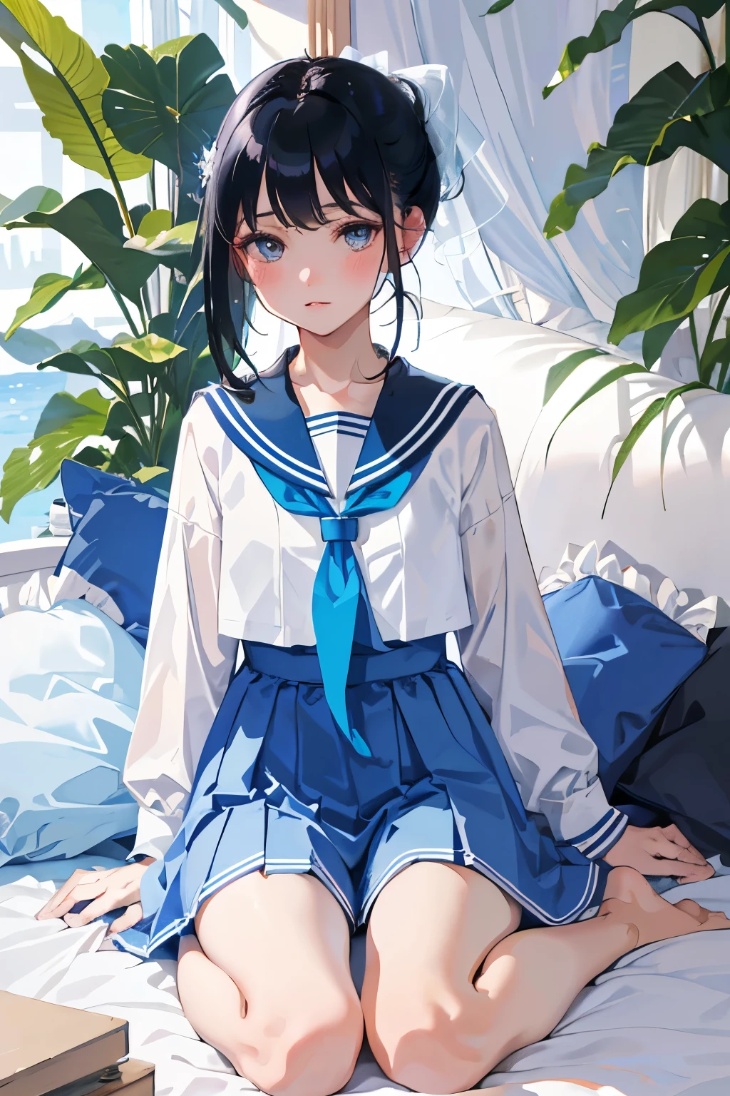 wariza，（​masterpiece，Highest Quality），()，((Light blue sailor suit，long  skirt))，(A dark-haired，Medium bob)，Light pink eyes，embarrassed from，sleepy expression，Delicate body，School