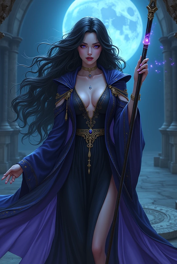 Sexy beautiful woman with a perfectly proportioned face, realistic facial expression, long black hair, light blue eyes, pale skin, wearing a black robe with intricate decorations, witch, confident expression (dynamic Angle, dazzling blue eyes, delicate necklace, charming smile), (magic mystical background, fireflies, glowing particles, ethereal fog, faint darkness), high saturation, movie light, edge light, best shadow