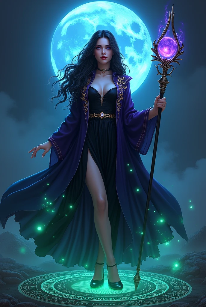 enchantress, skin black, purple and navy blue velvet shimmer dress, magic stick, galaxy stars