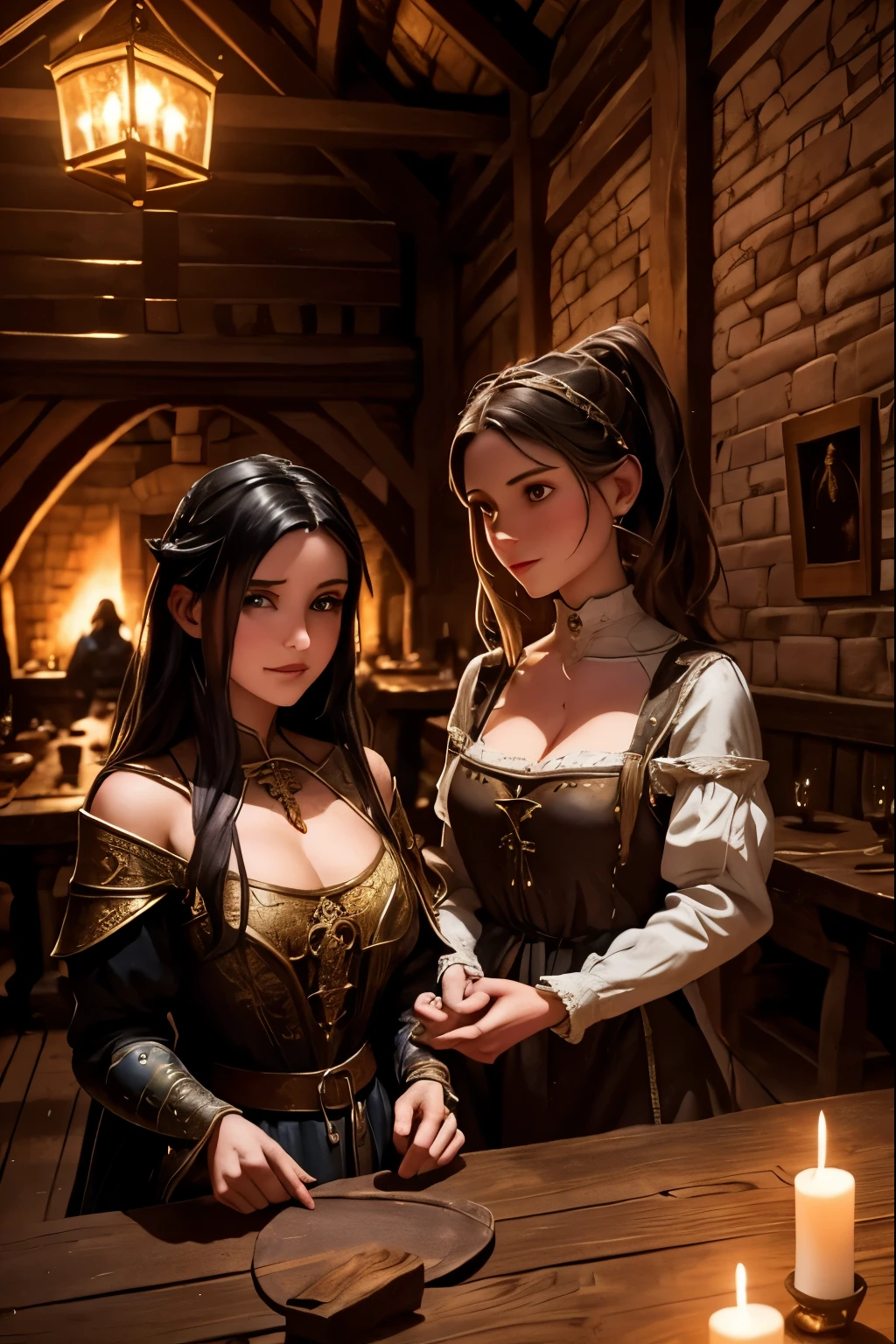 medieval tavern,1girl,2girls,girls having a perfect faces and perfect bodies,medieval interior,medieval architecture,wooden furniture,candles,medieval dresses,intricate details,fine art,vibrant colors,dramatic lighting,cinematic composition,highly detailed,photorealistic,masterpiece,unreal engine,8k,ray tracing,volumetric lighting, girls in a medieval tavern