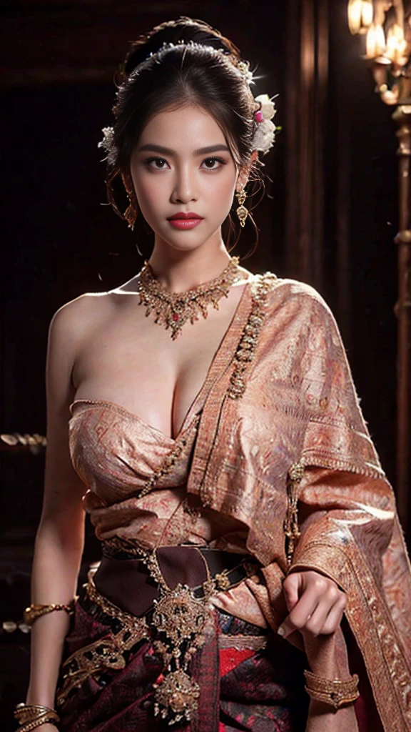 (RAW photos:1.2), (realistic:1.4), (Masterpiece:1.3), (best quality:1.4), Ultra high resolution, (Detailed eyes), (Detailed facial features), (Detailed clothing features), HDR, 8K resolution, focus only, Dressing according to Thai tradition, Traditional shawl , 1 woman , big breasts, A gigantic rift, big breastsดันเสื้อผ้า, big breast, Breasts are fully grown., Breast augmentation., small waist, Long legs, Facing the audience, full body, depth of field, Cinema-grade lighting system, big breasts, A wide open face that cannot be completely closed