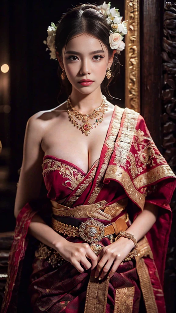 (RAW photos:1.2), (realistic:1.4), (Masterpiece:1.3), (best quality:1.4), Ultra high resolution, (Detailed eyes), (Detailed facial features), (Detailed clothing features), HDR, 8K resolution, focus only, Dressing according to Thai tradition, Traditional shawl , 1 woman , big breasts, A gigantic rift, big breastsดันเสื้อผ้า, big breast, Breasts are fully grown., Breast augmentation., small waist, Long legs, Facing the audience, full body, depth of field, Cinema-grade lighting system, big breasts, A wide open face that cannot be completely closed