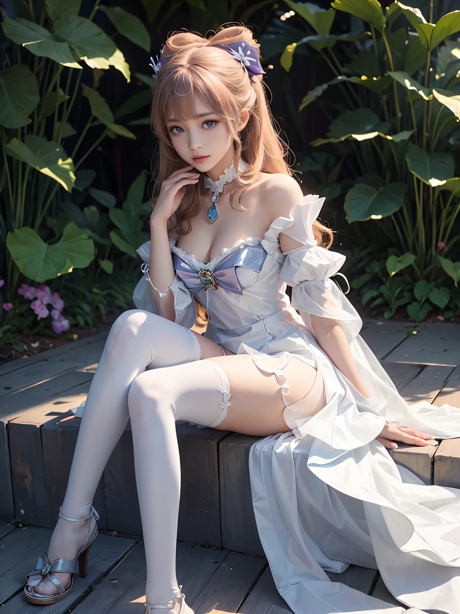 sangonomiya kokomi,hair ornament,white pantyhose,white half gloves,frilled sleeves,bow-shaped hair,bow,detached collar,sandals,white panties,1girl,solo,widesleeves,longhair,purple eyes (masterpiece, best quality:1.2), 1girl, solo, ultra-realistic, photorealistic, (diagonal composition: head in top-right, feet in bottom-left), sitting on the ground, one leg bent naturally, the other leg straight with proper anatomy, (perfect leg proportions, realistic and accurate leg shapes), smooth skin, elbows supporting the body, upper body leaning back slightly, (golden ratio body), messy hair, subtle and delicate makeup, visible blush, shy and modest expression, visible cleavage, adjusting skirt with one hand, highly detailed, ultra-detailed textures, focus on anatomy and proportionality, natural lighting and shadows