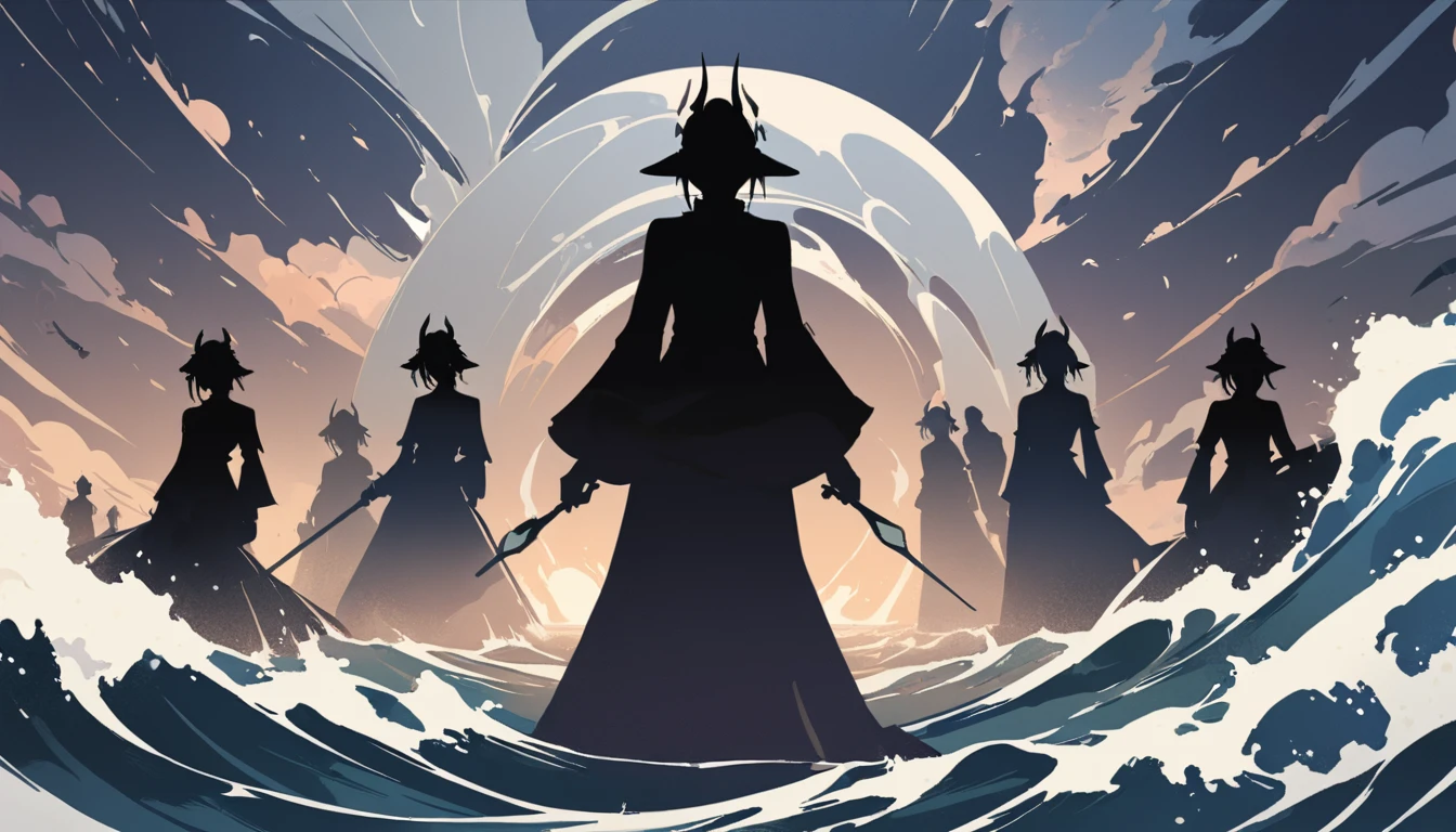 5 people, standing in a line, adults, dragon people, chinese style, vidyadhara, front view, floating, centered, silhouette, shapes, splitting the sea, water powers, water, waves, clouds, flat vector, outlines, honkai star rail, horns, elf ears, silhouette, illuminating the sky, hd, vector, illustrated, hd, 4k detailed, high quality, artistic, inky black and white