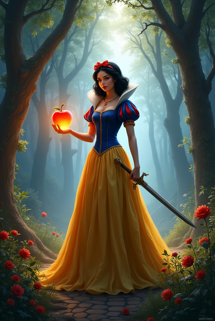 Snowwhite in the middle of images , right hand holding magic glowing apple, left hands holding prince-florien-sword, location at entrance of unknown fantasy forest , light and animals at entrance , Darkness and unknow creature at far end .

Perspective view ,