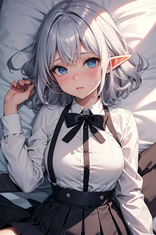 Elf, Silver Hair, In the ??????? chamber, Lying on a bed and crucified, school uniform, White shirt, skirt, Open your mouth, Raise your hands above your head,  Crying face, Small ???????, Bound with big black handcuffs, Spread your legs