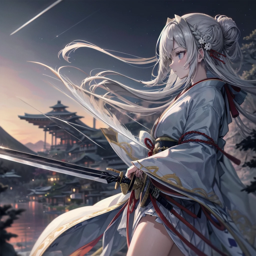 RAW Photos, Very delicate and beautiful, masterpiece, Highest quality, Ultra-high resolution, 32K, Surreal, Very detailed, Detailed Description,((masterpiece)), ((Highest quality)), ((Highest quality)), Anime Girls、Gray Hair、Serious face、landscape、profile、(((Japan have one sword)))、Aikikiri、Warrior、Night Sky、moon