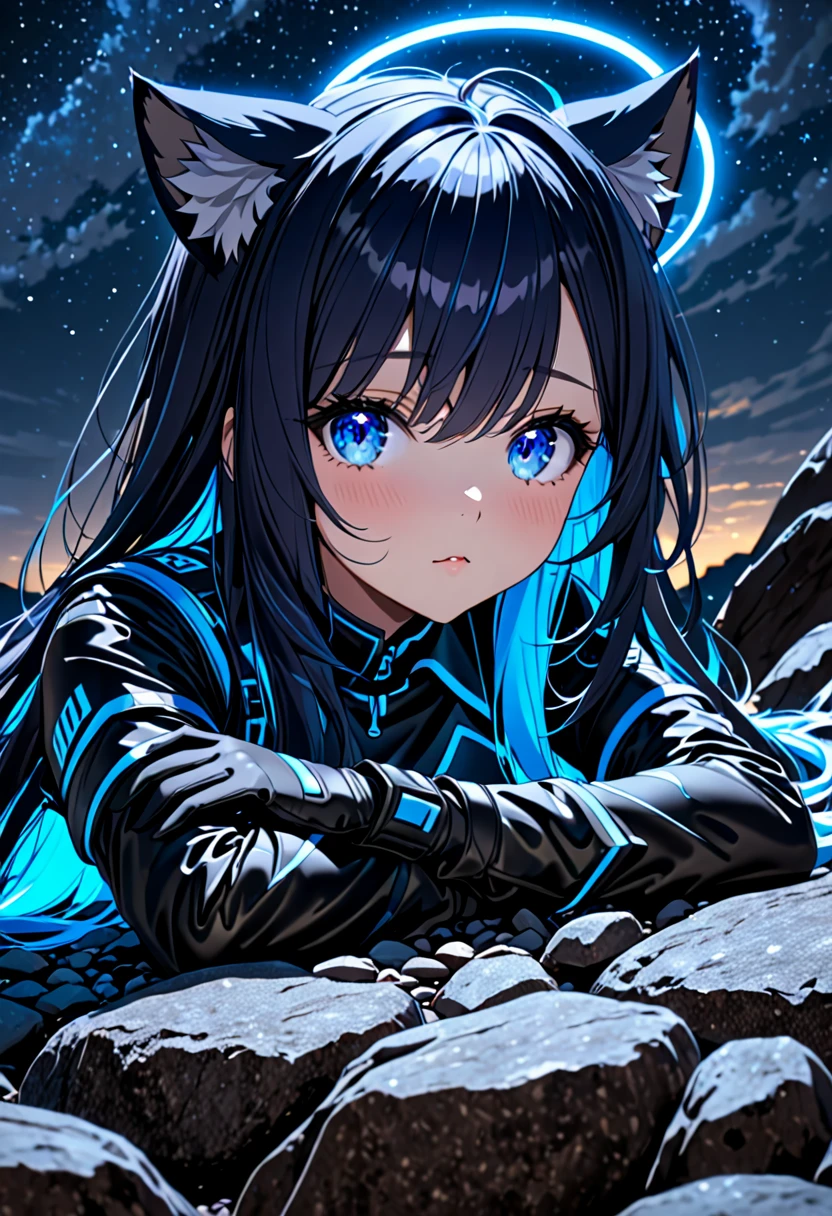 8K Ultra High-Quality, ultra-detailed, High quality, Dark Blue hair, Neon Blue Inner layer hair, Long hair, Cat ears, gloves, Neon Blue Halo, lays down on rock, looking up, looking away from viewer, close up, dark skies, night time