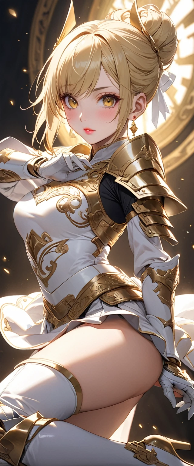 (Perfect Anatomy)、Mastepiece、Ultra High Quality、 8k、masterpiece、Highest quality、Ultra-high resolution、Maximum resolution、Very detailed、Professional Lighting、anime、woman、thin、so beautiful、Highly detailed eye、Highly detailed face、Golden earrings、Blonde, hair bun, Yellow Eyes、Detailed armor patterns、Mid-chest,  makeup, eyeliner, eye shadow, pink cheek, pink lips, goddess armor, white open mini skirt , full body, gold pattern, white super long boots, white long gloves, female martial artist, high heels, white clawed gauntlets, white cute headgear, gold knee armor, random pose