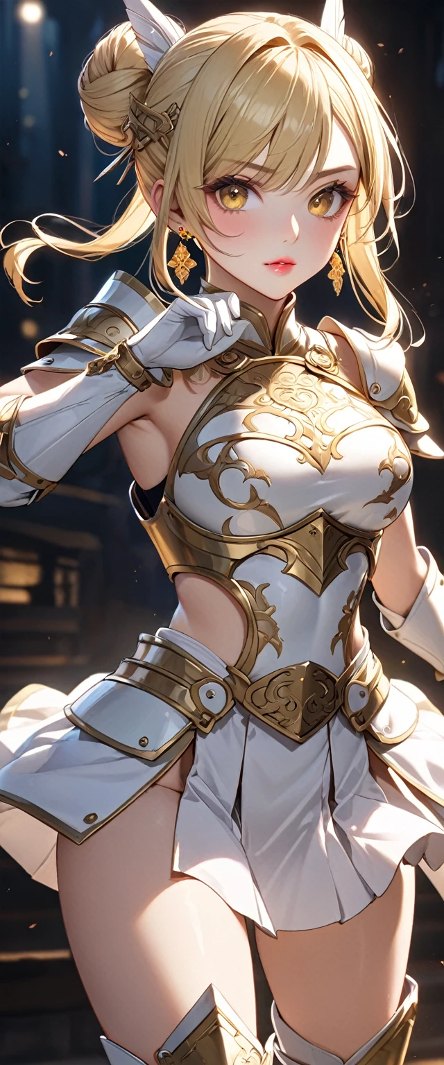 (Perfect Anatomy)、Mastepiece、Ultra High Quality、 8k、masterpiece、Highest quality、Ultra-high resolution、Maximum resolution、Very detailed、Professional Lighting、anime、woman、thin、so beautiful、Highly detailed eye、Highly detailed face、Golden earrings、Blonde, hair bun, Yellow Eyes、Detailed armor patterns、Mid-chest,  makeup, eyeliner, eye shadow, pink cheek, pink lips, goddess armor, white open mini skirt , full body, gold pattern, white super long boots, white long gloves, female martial artist, high heels, white clawed gauntlets, white cute headgear, gold knee armor, random pose