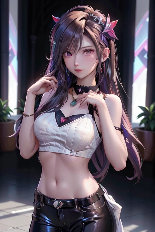 masterpiece、Soft Focus , Bright gradient watercolor、Tabletop, High resolution, 8k, Anime Women, Delicate and detailed writing 、Detailed digital illustration、high resolution, high quality、Detailed Background、Close-up photo、(((Two arms、Four fingers, One thumb)))、Detailed female face、Accurate Fingerasterpiece:1.2)、highest quality、High resolution、unity 8k wallpaper、(figure:0.8)、Highly detailed face、Perfect lighting、Highly detailed CG、(Perfect hands、Perfect Anatomy)、
One Girl、Looking at the audience、
Beautiful pink eyes、Black hair bun、Plump and glossy lips、Heart-shaped choker、Idol、
pink IDOL costumes、Short skirt、Drape clothes、gem、The decoration has been removed、Floral、Lace trim、On a glittering stage、Showing affection to the audience