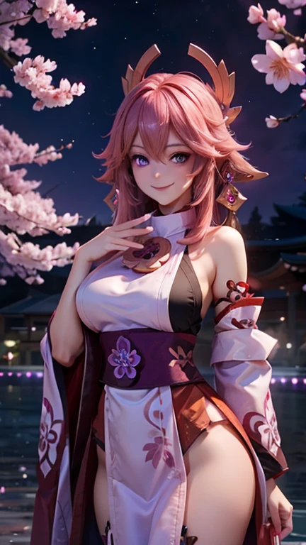 High resolution, masterpiece,yae miko, Pink Hair, alone, One girl,outside,Detailed Background, Detailed eyes, ((Purple Eyes)),cherry blossoms,night,Large Breasts,side,A little smile,A smile that seems to be plotting something