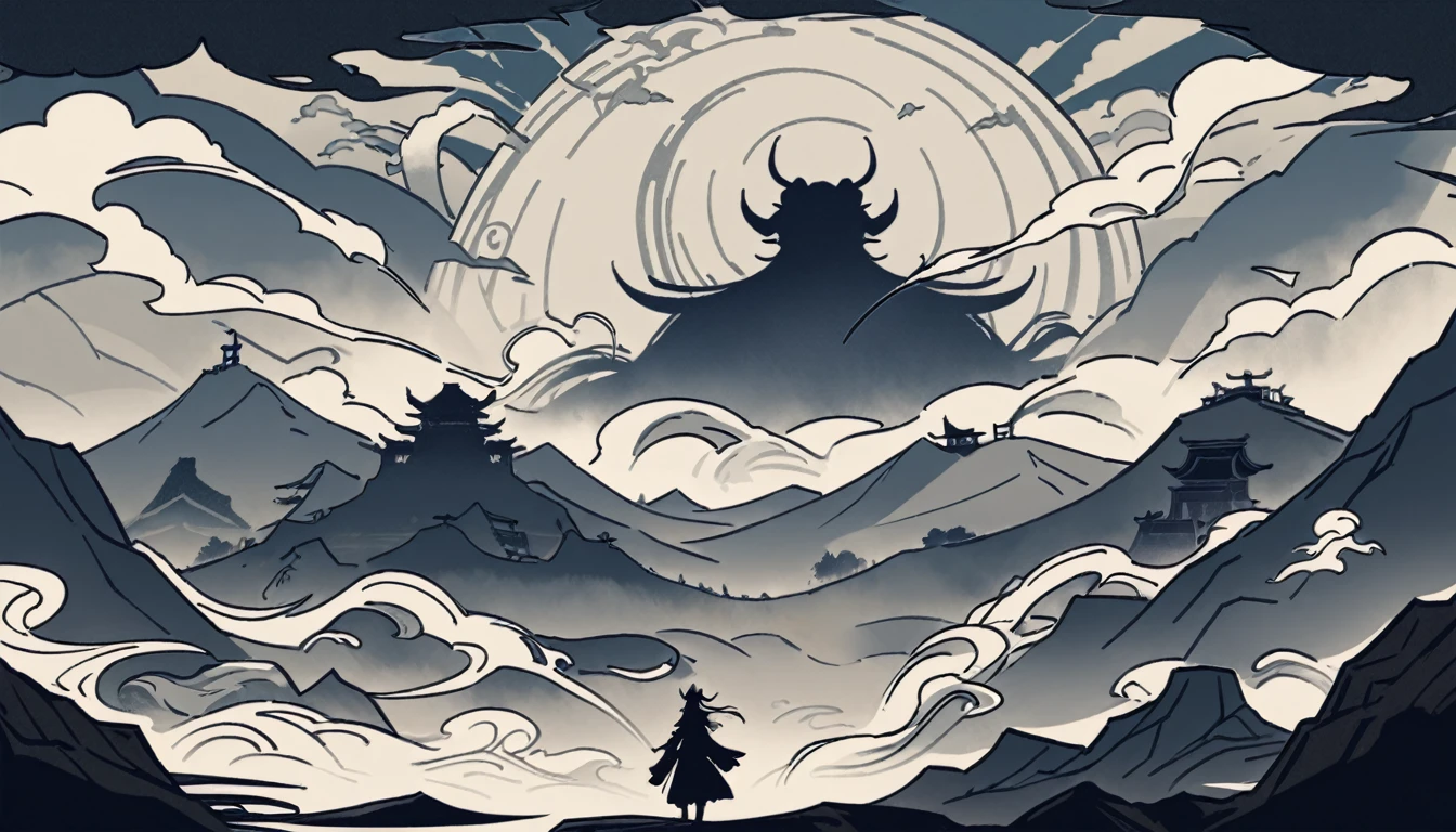 ancient Chinese scenery, chinese style, vidyadhara, front view, centered, silhouettes, inky, flowing, mountains, clouds, wind, vector, outlines, honkai star rail, horns, elf ears, silhouette, hd, vector, illustrated, hd, 4k detailed, high quality, artistic, black and white, inky