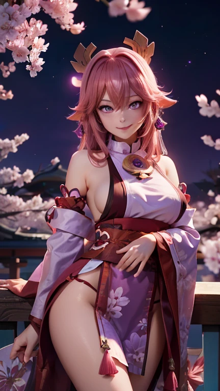 High resolution, masterpiece,yae miko, Pink Hair, alone, One girl,outside,Detailed Background, Detailed eyes, ((Purple Eyes)),cherry blossoms,night,Large Breasts,side,A smile that seems to be plotting something