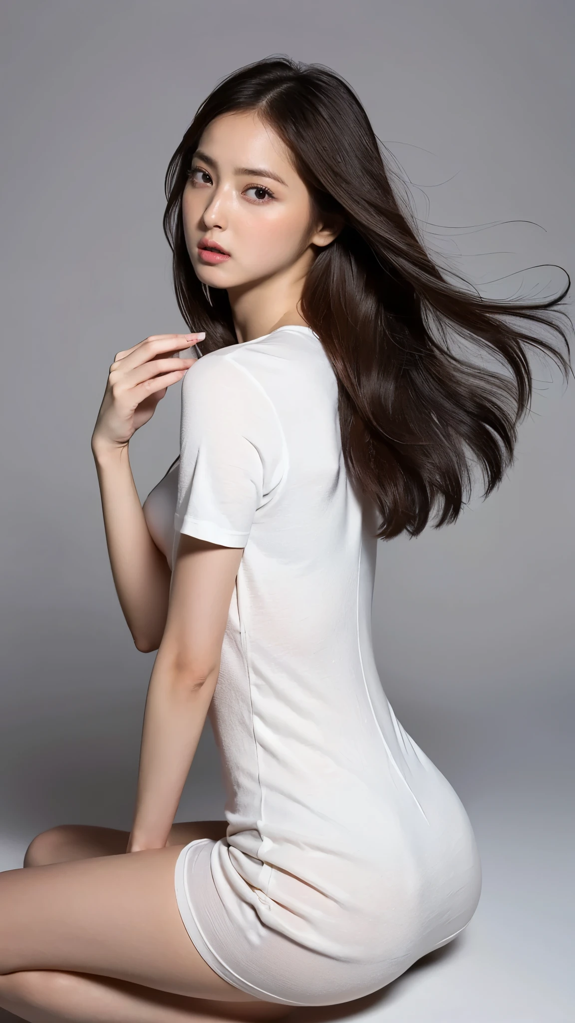 最高品質, high-res、(studio light)、1 girl、photo studio, small face.Small shape、magazine cover shoot、Oversized White Shirt, White background