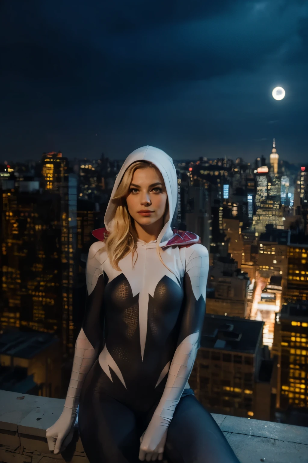 Photorealistic portrait of a 18 yo girl, wearing a Spider-Gwen suit with hood, hot Body, sexy, short blunt hair, blonde, beautiful face, ((over the building, in Dynamic dpider-man pose)), rain, roof, masterpiece, intricate detail, perfect anatomy. Realistic, highly detailed, photo, 4K, UHD. Natural lighting. ((( New York night background, Full moon))).