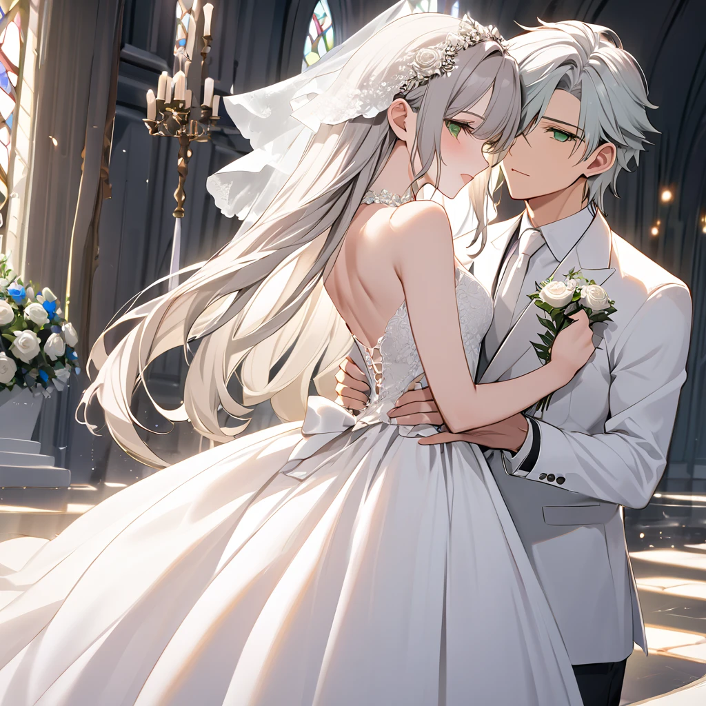 ((Highest quality)), ((masterpiece)), (detailed), （Perfect Face）The woman is Lydia, with symmetrical green, medium-long hair.、The woman is wearing a pure white wedding dress and wedding veil and is getting married to the silver-haired Holy Knight Cecil.