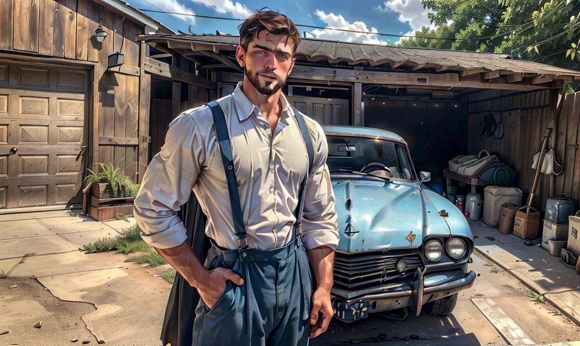 [((highly detailed, detailed eyes, detailed face, clear and realistic facial features, photorealistic, realistic light, cinematic)), ((1 man)), ((((college-age lithe handsome conservative Amish man on Rumspringa)))), (((standing by a garage with a broken-down car))), ((wearing flattering yet conservative clothing including suspenders)), ((looking embarrassed)), ((beautiful desertin background))]