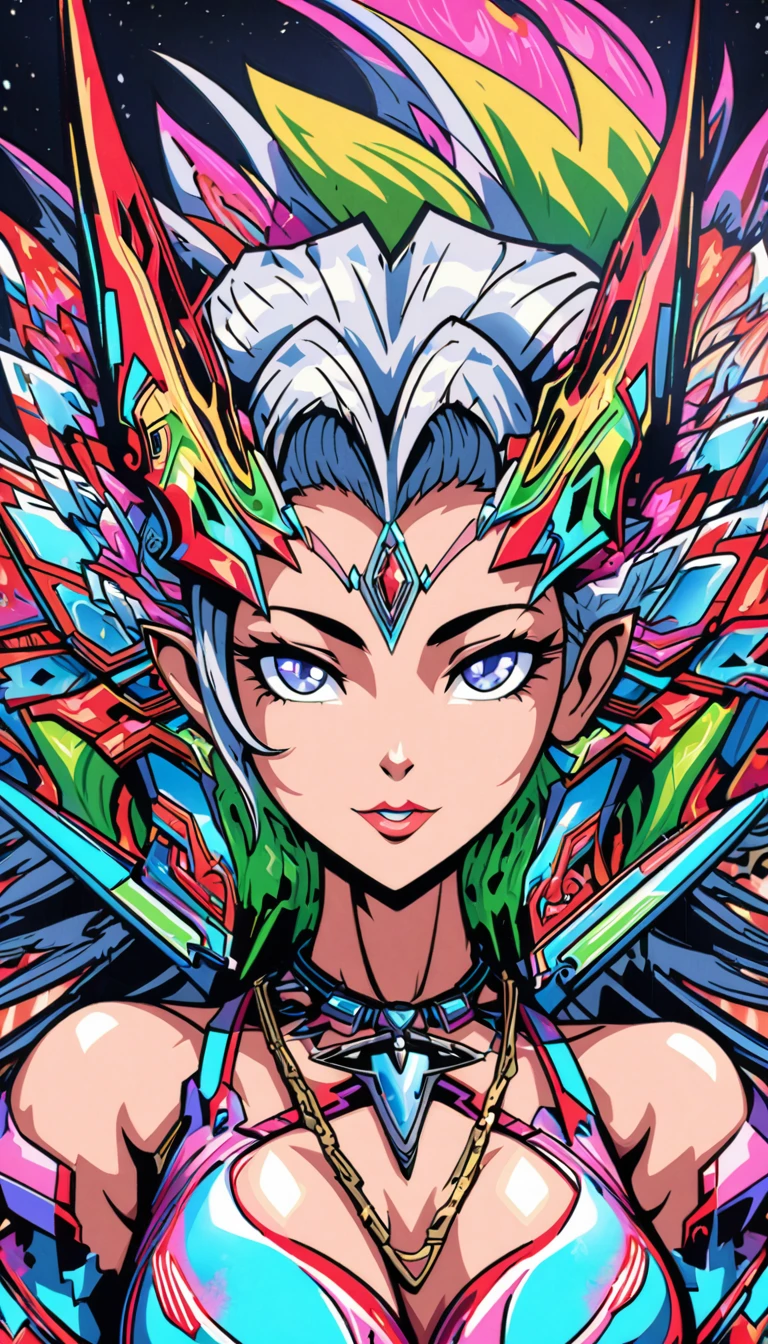 Close-up of a woman with showy hair and necklace, Anime girl with space hair., Ross brings out a soft vibrancy, Gouviz style artwork., fantasy art style, showy], Vivid fantasy style, Ross&#39;s vibrant comics, cosmic and showy, Gweiz, showy digital fantasy art, Great artistic style, Beautiful anime style, shiny hair