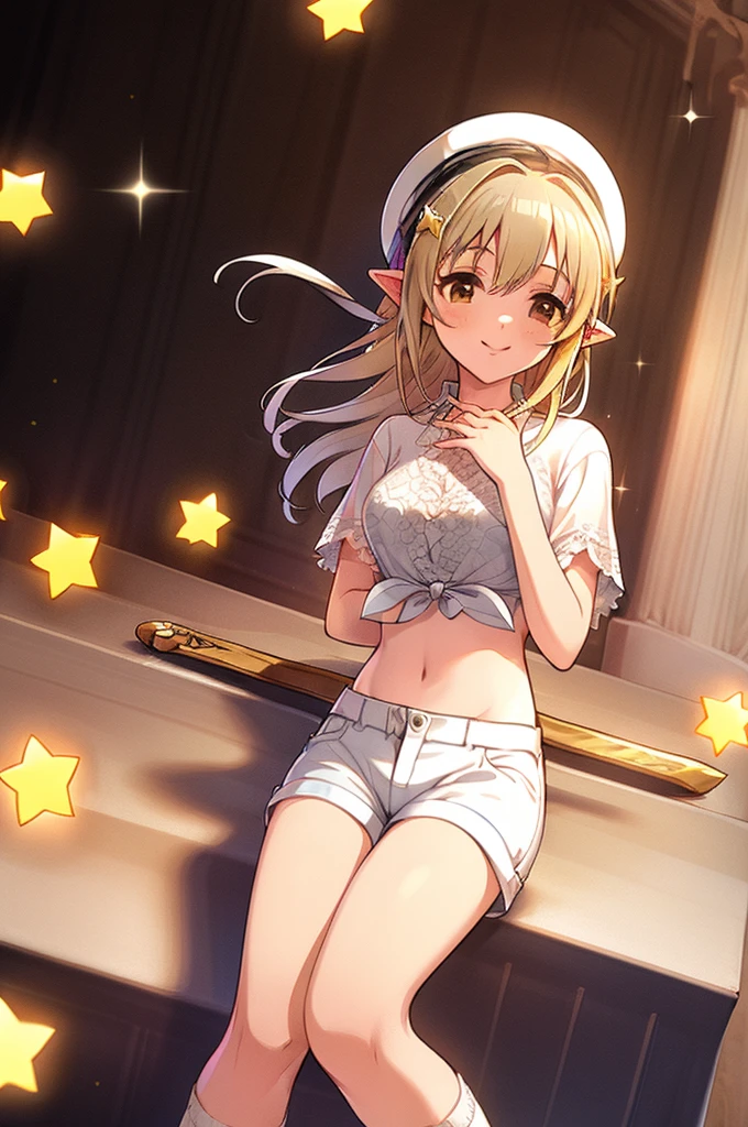 Wearing a bikini、Wearing a hat and a sword, Wear headphones,(masterpiece, Highest quality) detailed,Silver Accessories , blonde ,elegant, Pointy Ears ，White shirt，Shorts，Double Tail，Waist-length hair，smile，Star ornament，White lace socks