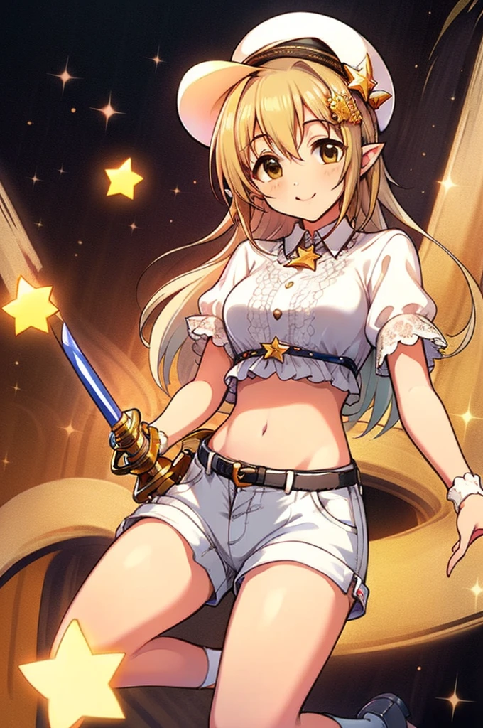 Wearing a bikini、Wearing a hat and a sword, Wear headphones,(masterpiece, Highest quality) detailed,Silver Accessories , blonde ,elegant, Pointy Ears ，White shirt，Shorts，Double Tail，Waist-length hair，smile，Star ornament，White lace socks