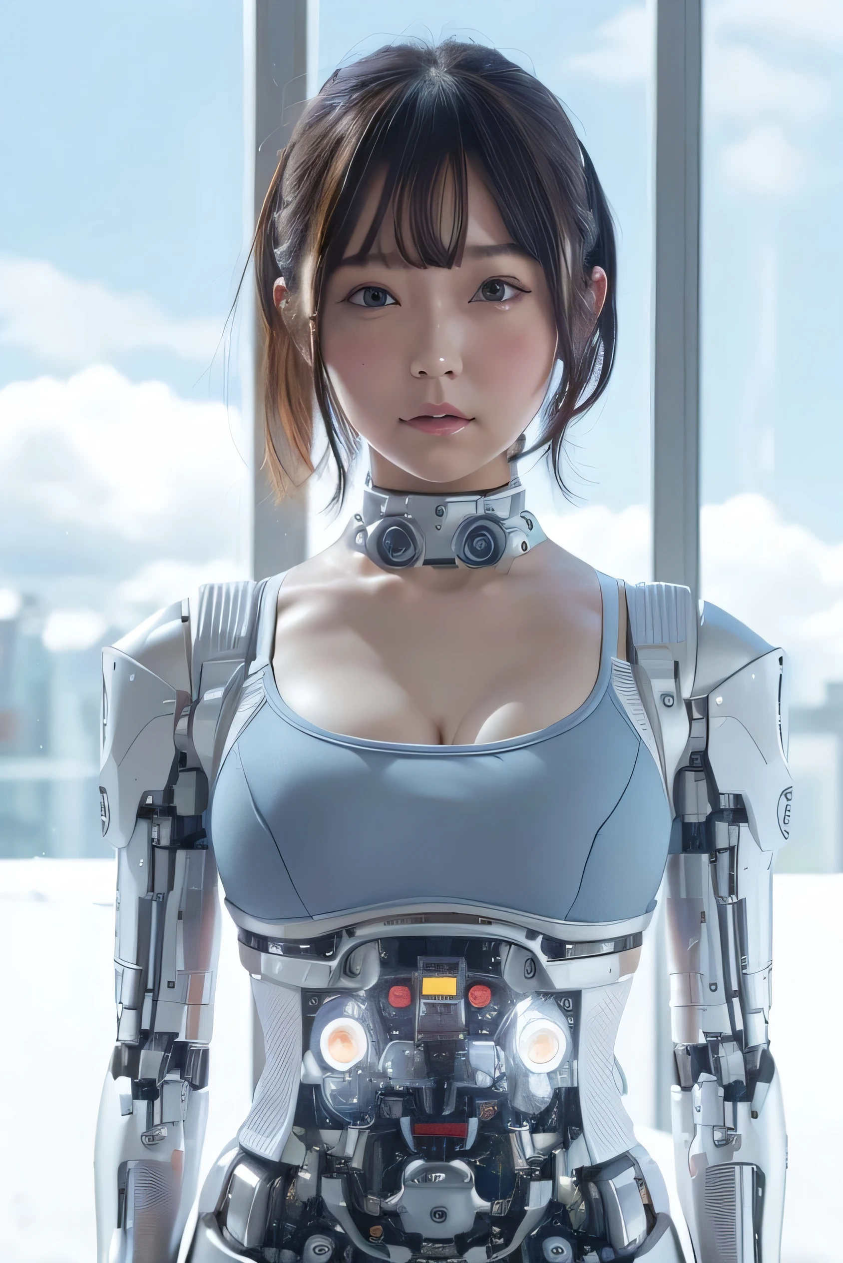 masterpiece, best quality, extreme detailed, portrait,Japanese Android girl,Plump ,Control panel,robot arms,robot,Android,cyborg,white robot body,Ceramic body,perfect robotgirl,Blunt bangs,robot repair plant,Chubby,sports wear,training wear,sports bra,blue eyes,