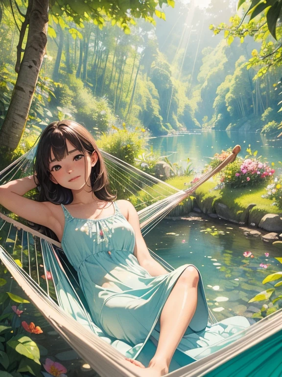 masterpiece, Highest quality, High resolution backgrounds, Bright and beautiful atmosphere, Two Girls (10 years old, 1. Short-tempered round face), 1 (hair, Surface Effects), Small breasts, Tropical trees々Hammock between、Overlooking the forest from a high hill、A hammock so high you can't reach it 、Two girls sleeping in a hammock、(topless:1.3)、A stream flows below、Fisheye Lens