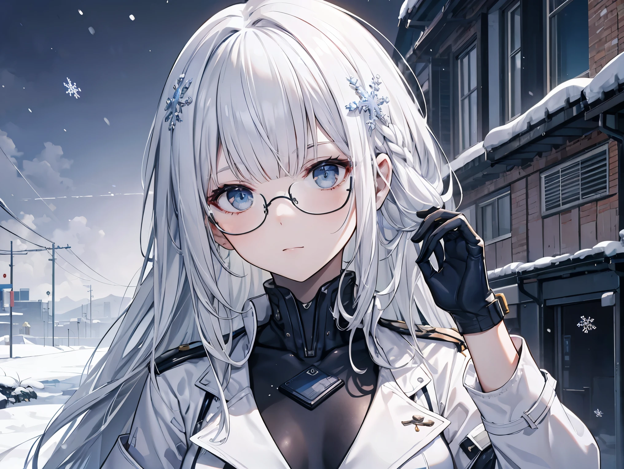 UHD, accurate, ((masterpiece)), ((high details)), high quality, textured skin, high detailed face, Cyberpunk, inhabitant of the digital world, White coat, trench coat, iridescent metal suit, Colorful costumes, backgrounds (Snowy scenery, snowy landscape, snowflakes), ((navy hair)), blunt bangs, expressive hair, Glasses, glasses(Wellington model), Long, slender limbs, Hair-pulling pose