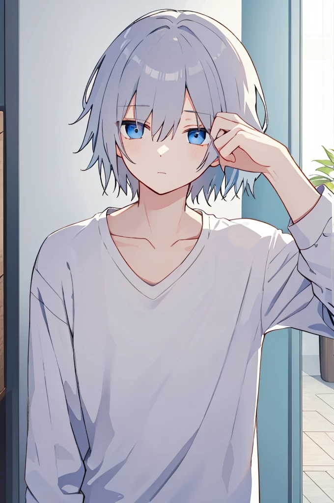 Silver short hair, Young beautiful man, Deep blue eyes, Sleepy look, Put on a shirt,I&#39;m wearing a grey hoodie, pants, Blue Mask,Working in the wheat fields,(Highest quality,4K,8k,High resolution,masterpiece:1.2),Very detailed,High resolution,超High resolution,Studio Lighting,Ultra-fine painting,Sharp focus,Physically Based Rendering,Very detailed説明,Professional,Vibrant colors,Bokeh,