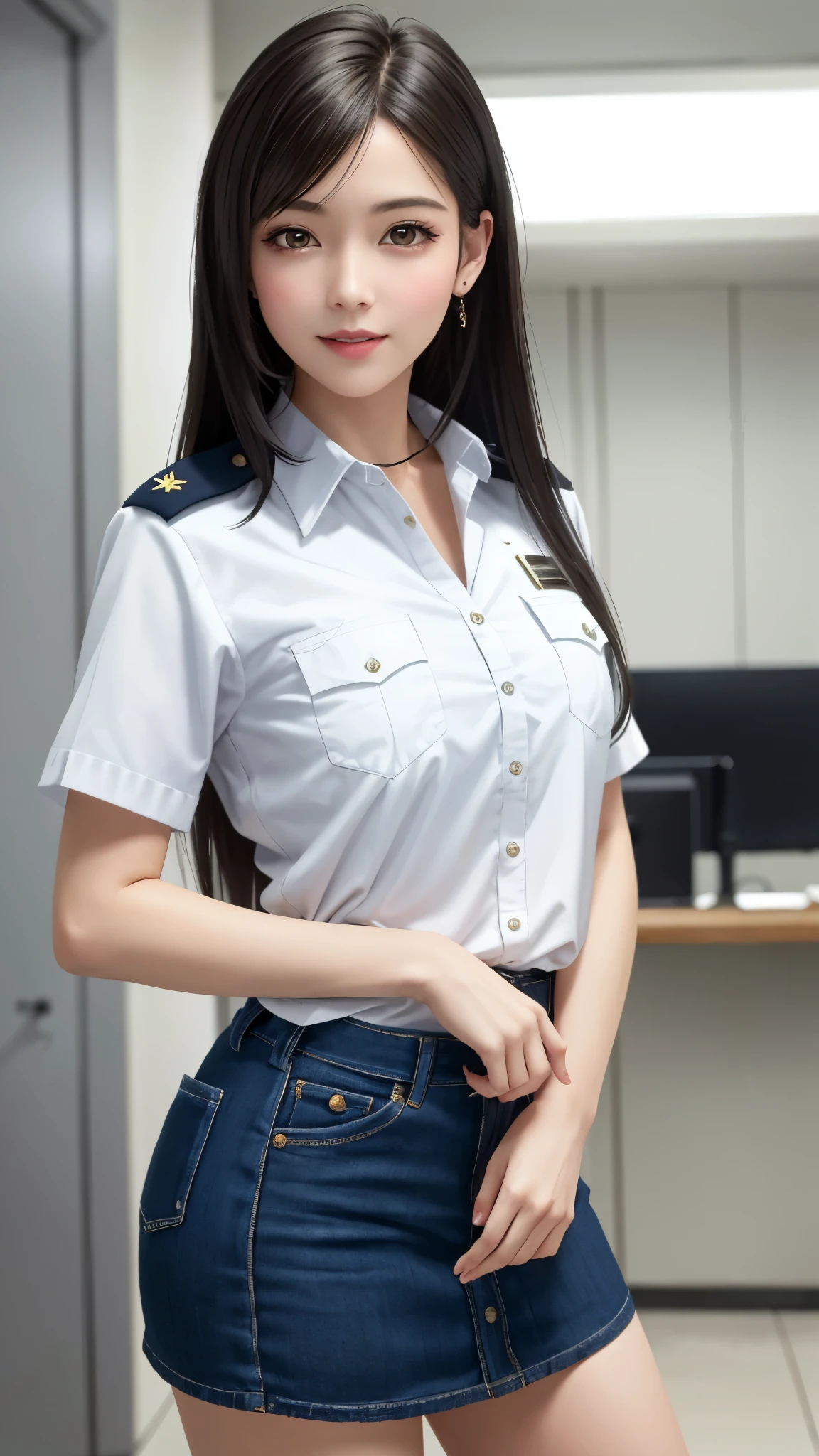 hightquality、masterpiece、ultra res、a beauty girl、cute girl face、police officers、Wearing police officer clothes、a miniskirt、full bodyesbian、Famous actresses of Japan、very beautiful face