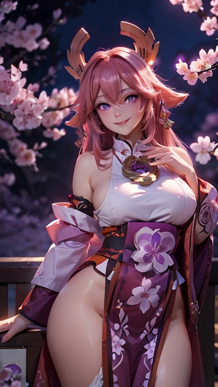 High resolution, masterpiece,yae miko, Pink Hair, alone, One girl,outside,Detailed Background, Detailed eyes, ((Purple Eyes,Wide-open eyes,Beautiful eyes)),cherry blossoms,night,Large Breasts,side,A smile that seems to be plotting something,Alluring,Plump