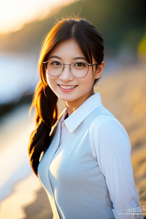 Actual photo,High resolution, Anatomically correct, Attention to detail, Highest quality, A beautiful Japanese woman, 28years old, A kind smile, Casual attire for the beach, Bust size slightly larger than mid-size, lower ponytail, sparkling pupils, glasses, A magnificent natural beach, Blown by a refreshing breeze, Dramatic backlighting, Reflected light illuminates the face from below, Sparkling sunlight, Sparkling shoreline, Strong contrast, Cinematography, deep blue sea, deep blue sky, 