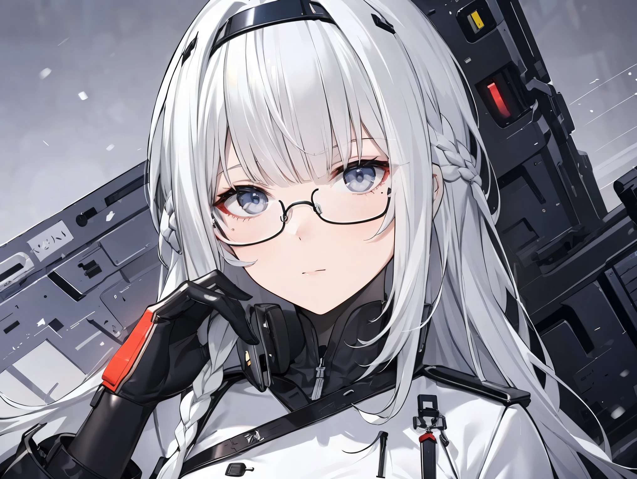 UHD, accurate, ((masterpiece)), ((high details)), high quality, textured skin, high detailed face, Cyberpunk, inhabitant of the digital world, White coat, trench coat, iridescent metal suit, Colorful costumes, backgrounds (Snowy scenery, snowy landscape, snowflakes), ((navy hair)), blunt bangs, expressive hair, Glasses, glasses(Wellington model), Long, slender limbs, Hair-pulling pose