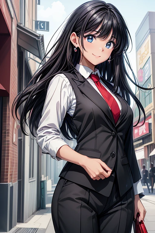 Cute girl in anime style,独奏,(Semi-long hair,Dark dark blue hair,Straight hair),The background is the cityscape of buildings,Niō Standing,hightquality,Black eye,Sophisticated anime drawings,high-school uniform,Thin black tights.blazers,(((medium breasts))).Toothy smile,Daylight hours,Smartphone in hand,(Full-body picture)