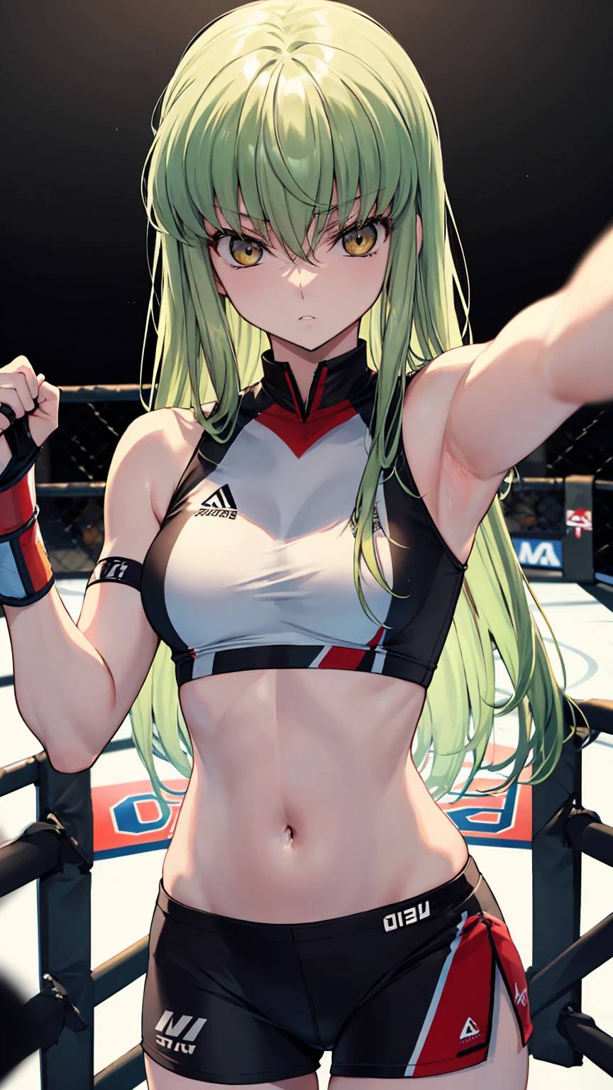 CC_Code Geass, Hair between the eyes, Very long hair 1 person, Bright light, glaring, alone, upper body shot, From above, Fighting, (masterpiece, Highest quality), 8k, Intricate details, (on MMA Arena :1.5), (wearing MMA uniform:1.5, white tops and black bottoms:1.3), belly button,Slender body,Slim,((Highest quality)), Sharp focus: 1.2, Highly detailed face, Highly detailed eye,Toned stomach,on front, front view,