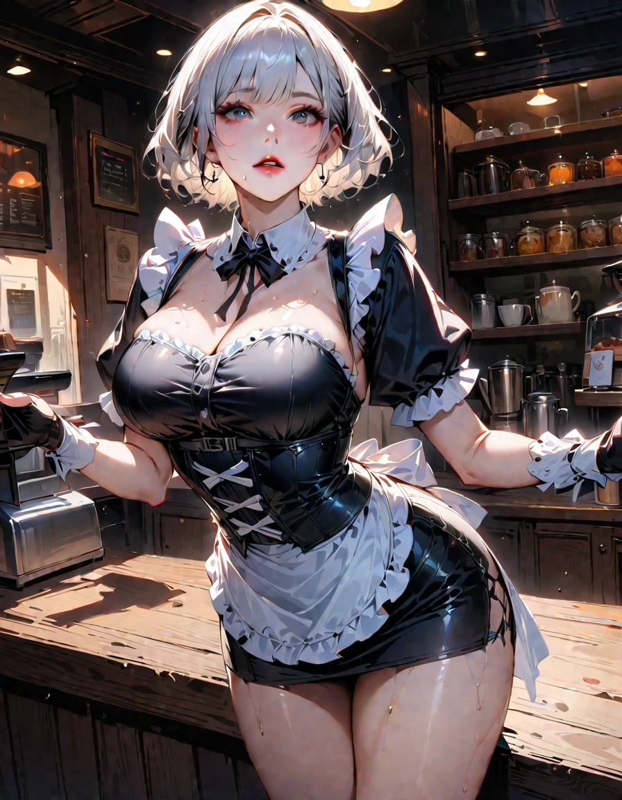 ((masterpiece)),(bestquality),((ultra-detailed)), ((beautiful detailed sky)), ((cinematic lighting)), depth of field, (dynamic angle),detailed lighting,(beautiful detailed eyes), (only apron), worker at coffee shop, red lip, eyeshadow,large breast, sexy, cleavage, bare thighs, noelledef
