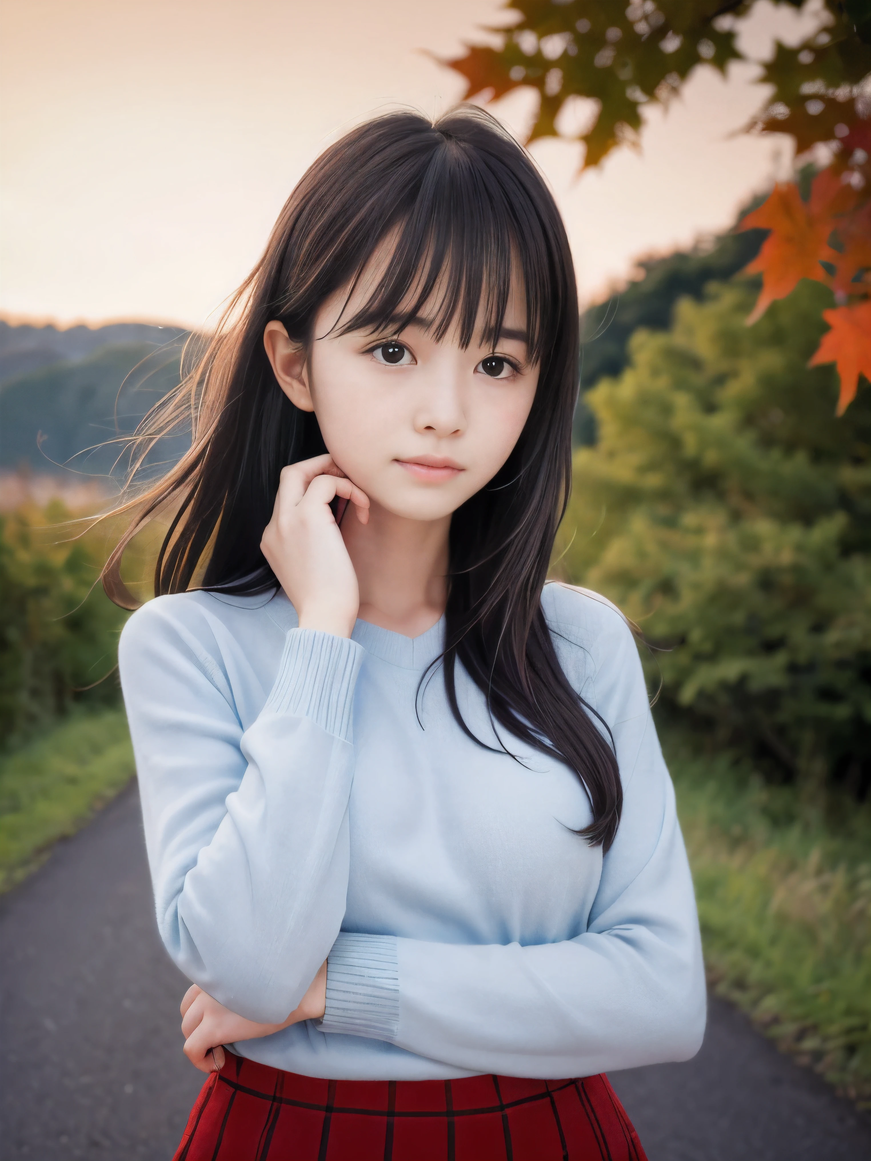 (Close up face shot of one slender small breasts half up brown long hair with bangs girl in a long sleeves shirt and sweater and skirt:1.5)、(One girl is looking down with lonely crying face on the dart road near the lake and big waterfall in Japan:1.5)、(Beautiful autumn red leaves and sunset red sky landscape:1.5)、(Natural light:1.5)、(blurred background:1.5)、(8k ultra detailed master piece:1.5)、(perfect anatomy:1.5)、(Photorealistic stick:1.5)、(Raw photo:1.3)、(highest quality:1.5)、(High resolution:1.3)、(Delicate and beautiful perfect face:1.3)、(Delicate and beautiful eye air skin:1.3)、(Real Human Skin:1.3)、((thin legs))
