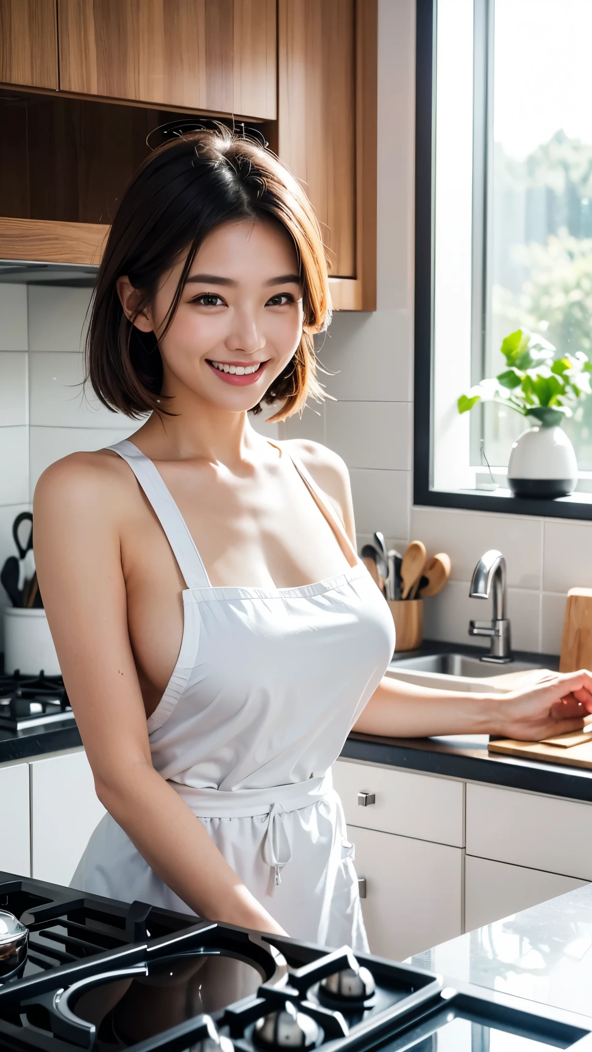 hightquality、​masterpiece、ultra res、cute girl face、cuisine、barechested、Naked apron、Wearing an apron、full bodyesbian、Famous actresses of Japan、very beautiful face