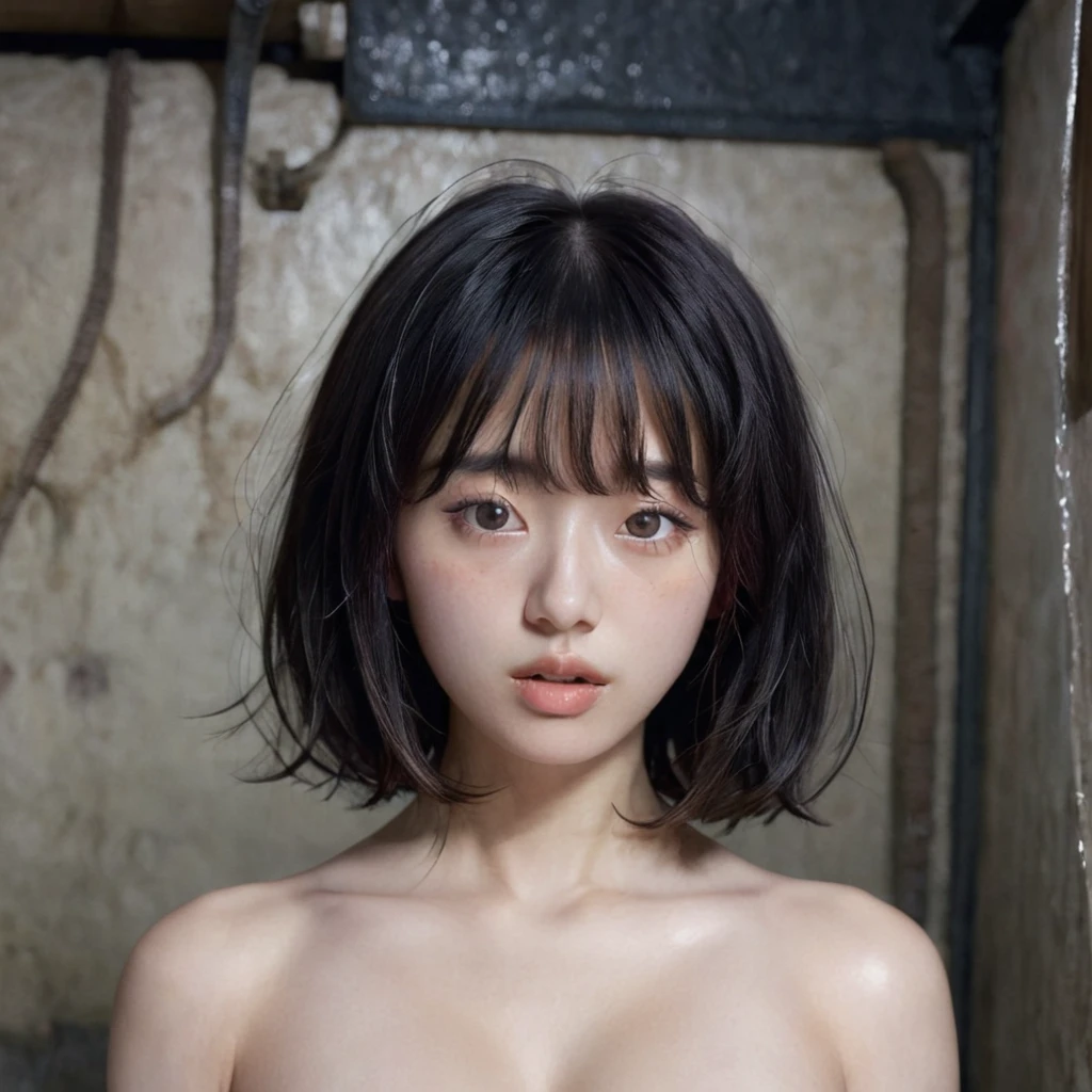 (masterpiece), (Highest quality), (Super detailed),(Disheveled Hair),(figure), (One girl), 1、,Beautiful attention to detail,triangle face、 Delicate and beautiful face,freckles 、((No makeup))、、(midelioam)、floating,(High saturation),), Light-colored lips、(mouthを閉じた)、Soft Breasts、 Black Hair, bangs, Hair Ring, Floating hair, (The Shining), Best lighting, Best Shadow,(((NUDE)))、((Realistic)), RAW Candid Cinema, 16mm, Color Grading Portra 400 Film, Prominent colors, Ultra-realistic, Filmed with a movie camera, Detailed skin texture, Scattered beneath the surface、 (((cute refugee woman)))、 Highest quality, Very dark underground slums, (Solitary confinement),low length、Petite、 (Pretty face, Detailed face:1.2), (((Round face)))、((pubic hair)、(((full body))), Black Hair、Short Bob、Messy Hair、bangs、Large Breasts, 、(Detailed eyes)、(True Face) ((No makeup))、(((Thin lips)))、((((Scared))))、 (((pretty girl)))、((Highest quality、8k、masterpiece:1.3))、((((Dark basement))))、 (((Sleep on your back))),(((blush,Open_mouth,upper_body,Underarm:1.5)))
