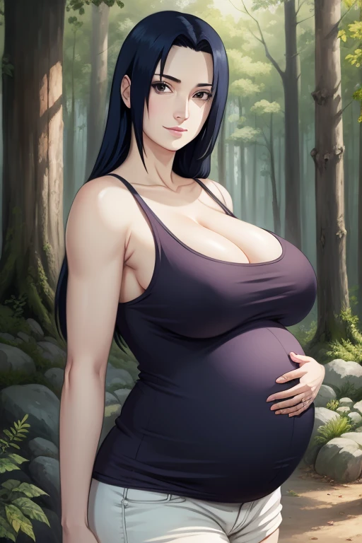 Mikoto Uchiha, pregnant, oil painting, ultra-detailed, realistic, portrait, vivid colors, soft lighting, (best quality,4k,8k,highres,masterpiece:1.2), (big round breasts:1.5), professional, long black hair, black eyes, beautiful detailed eyes and face, extremely detailed smile, long eyelashes, looking at viewer, very short top, big ass, bare shoulders, white shorts, outdoors, forest, cowboy shot, clavicle.