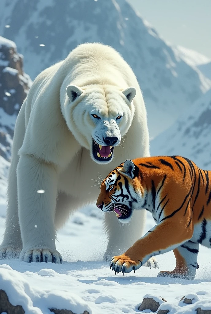 A fierce, roaring tiger stands triumphantly on the back of a defeated polar bear in a snowy landscape. The tiger's vibrant orange and black stripes contrast sharply with the bear's white fur, which has visible wounds. The scene is dramatic, set against a backdrop of icy mountains and a cloudy sky, with a mystical glow surrounding the animals.