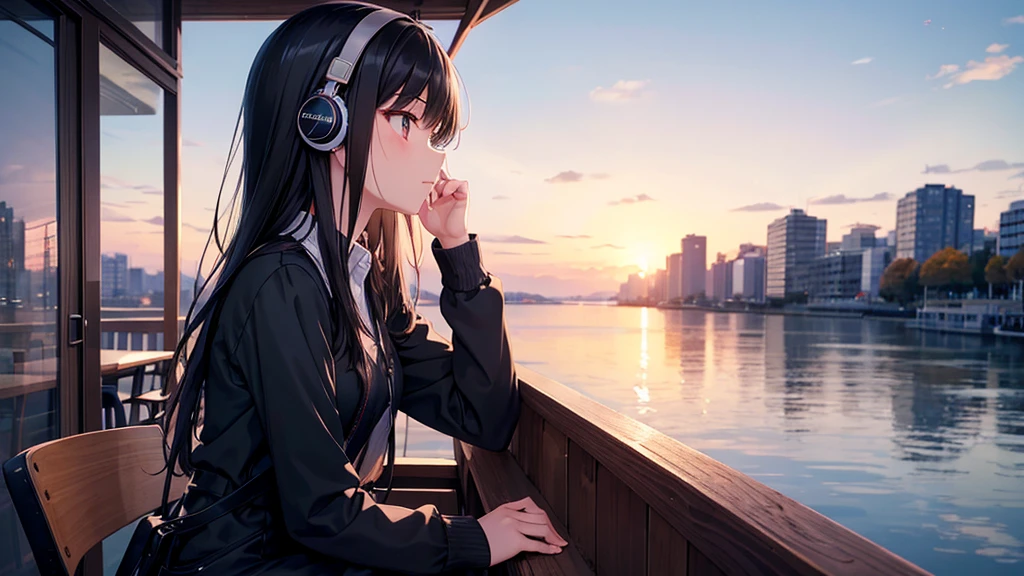 Watching the autumn sunset sky from a café. A young girl with black hair, dressed in stylish clothes, is wearing headphones labeled "Lo-Fi." The girl is shown in profile, gazing into the distance with a calm and relaxed expression. Her hair is rendered with detailed precision, and careful attention is given to her fashionable outfit. The entire scene evokes a relaxing and introspective feeling associated with Lo-Fi music.