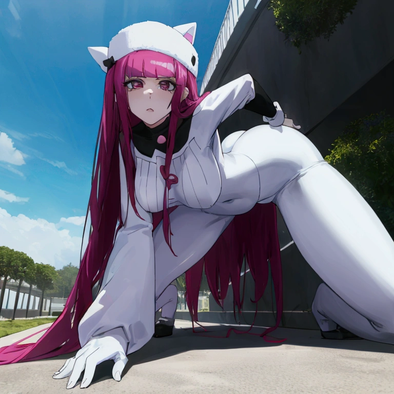 The girl shows her pussy to me, attention to the viewer, Riruka Dokugamine in a hat, stands on all fours sticking out his butt and hips 