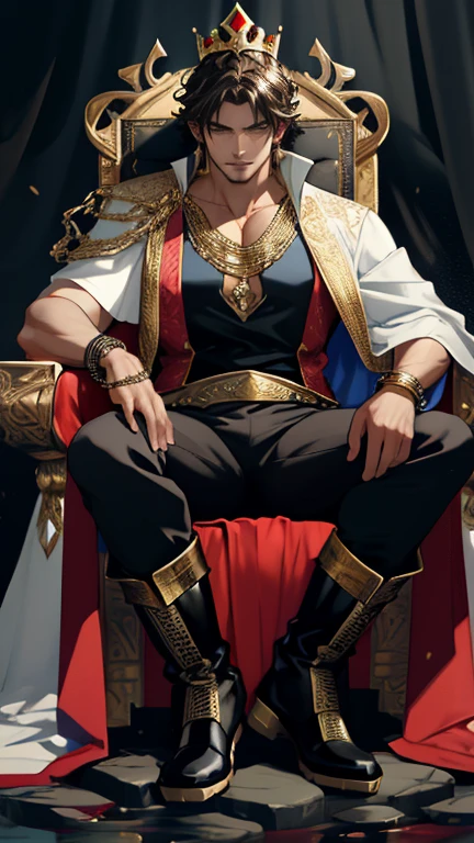 Handsome young adult, strong, silky curly dark brown hair, sitting arrogantly on a throne made of black stone decorated with many gems of gold, blue and red color, wearing a white king's cape with gold, a black chainmail shirt , an open shirt. A vest showing his toned torso, black pants and muddy boots, a white bracelet on his left hand, a chain bracelet on his right hand and a crown made of black gold, he is surrounded by an evil and heavy aura.